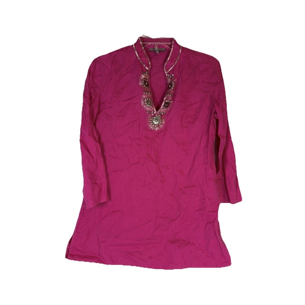 Anne Klein Pink Linen Tunic XS Beaded Neck‎ Boho Resort Top